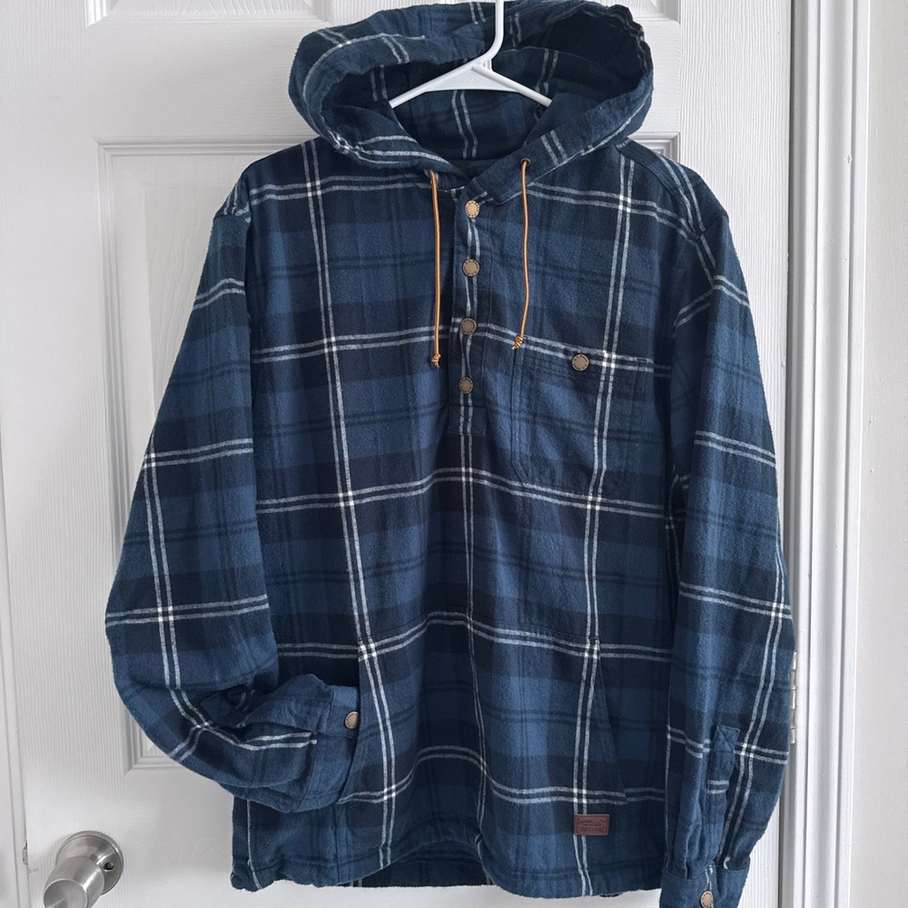 L.L.Bean Scotch Plaid Flannel Shirt Anorak Mens Size M Blue Hooded Pullover